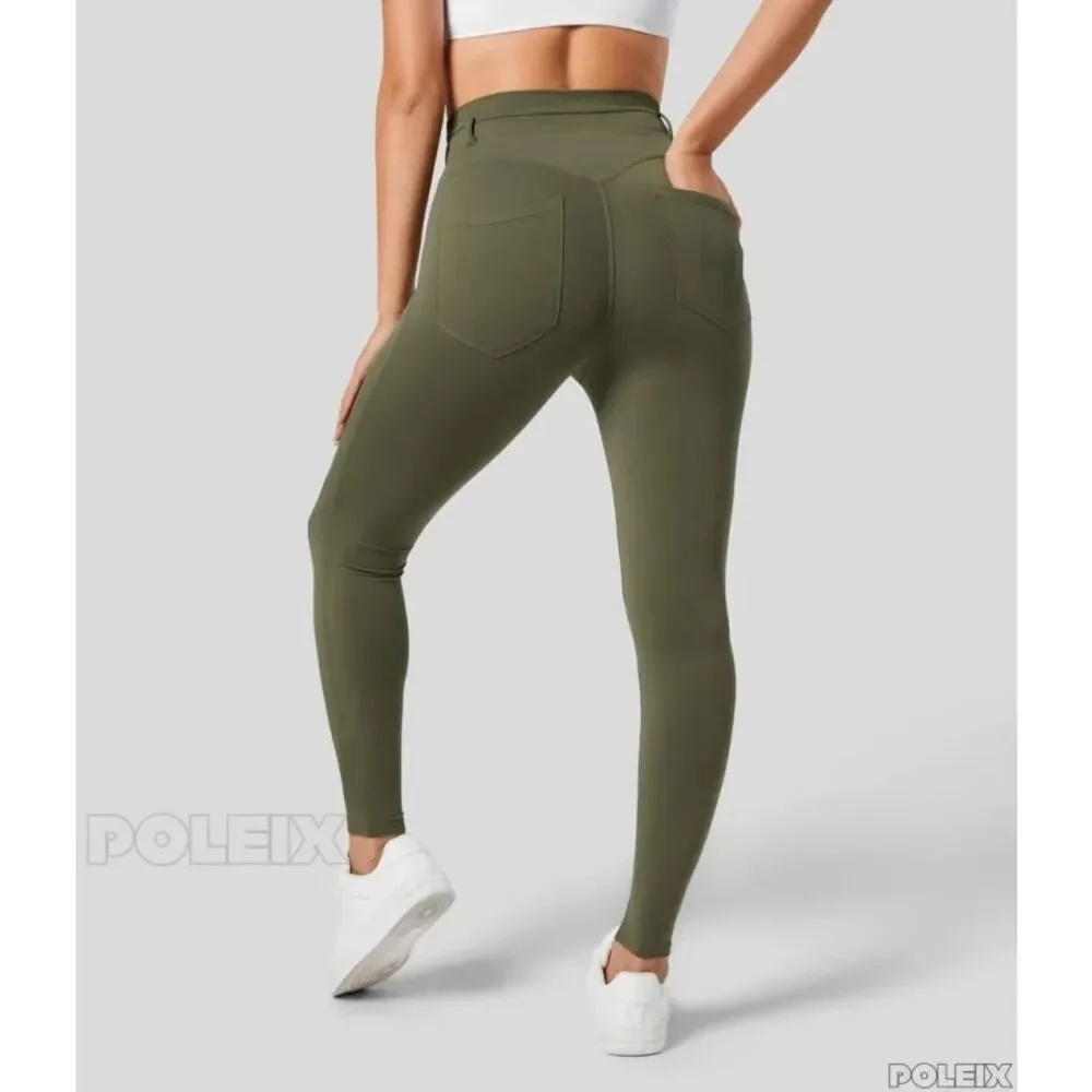 Halara Army Green High Waisted 7/8 Leggings Back Pockets Workout Yoga L NWT